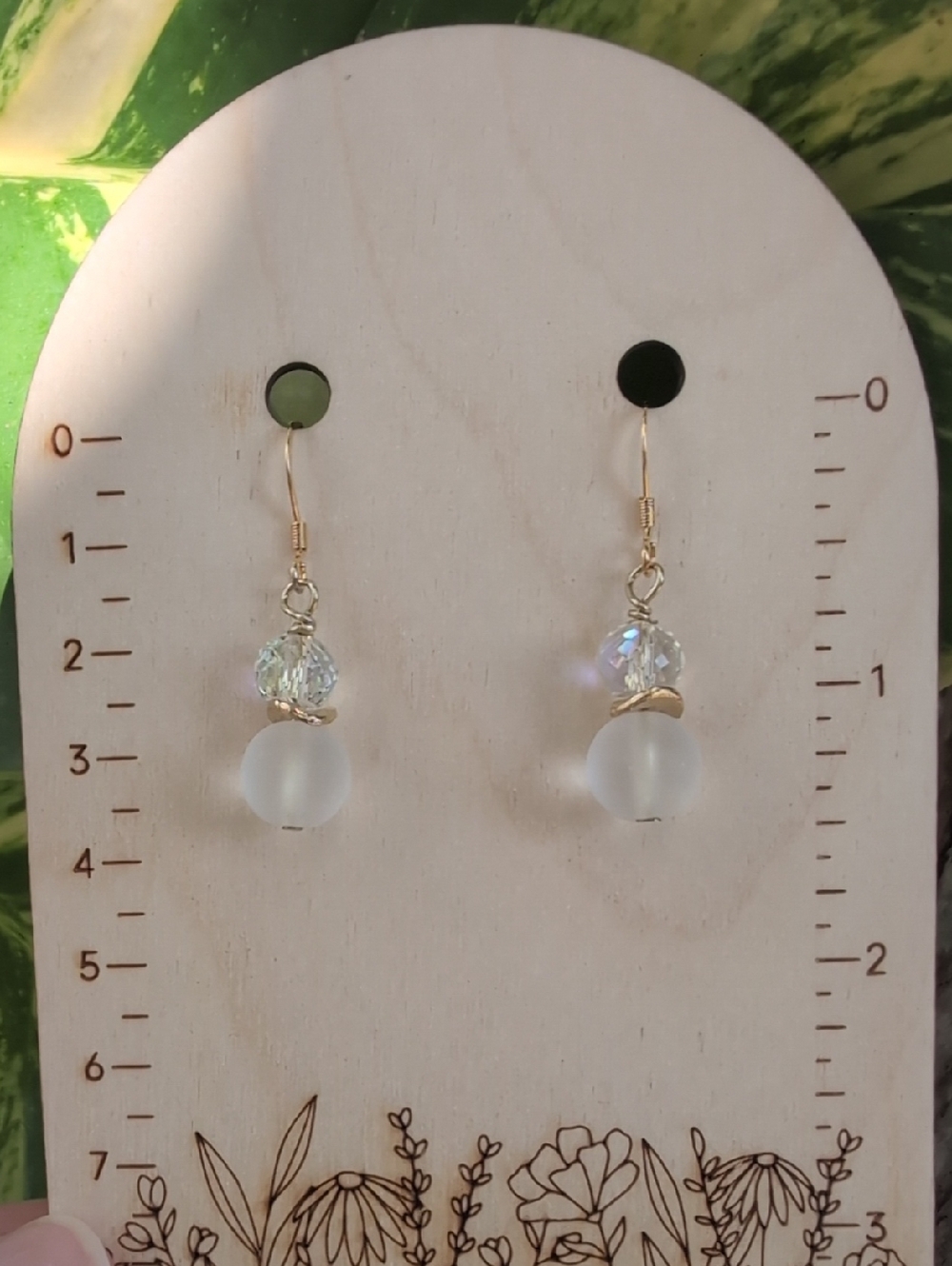 Frosted White Glass and Crystal Drop Earrings with Gold Accents